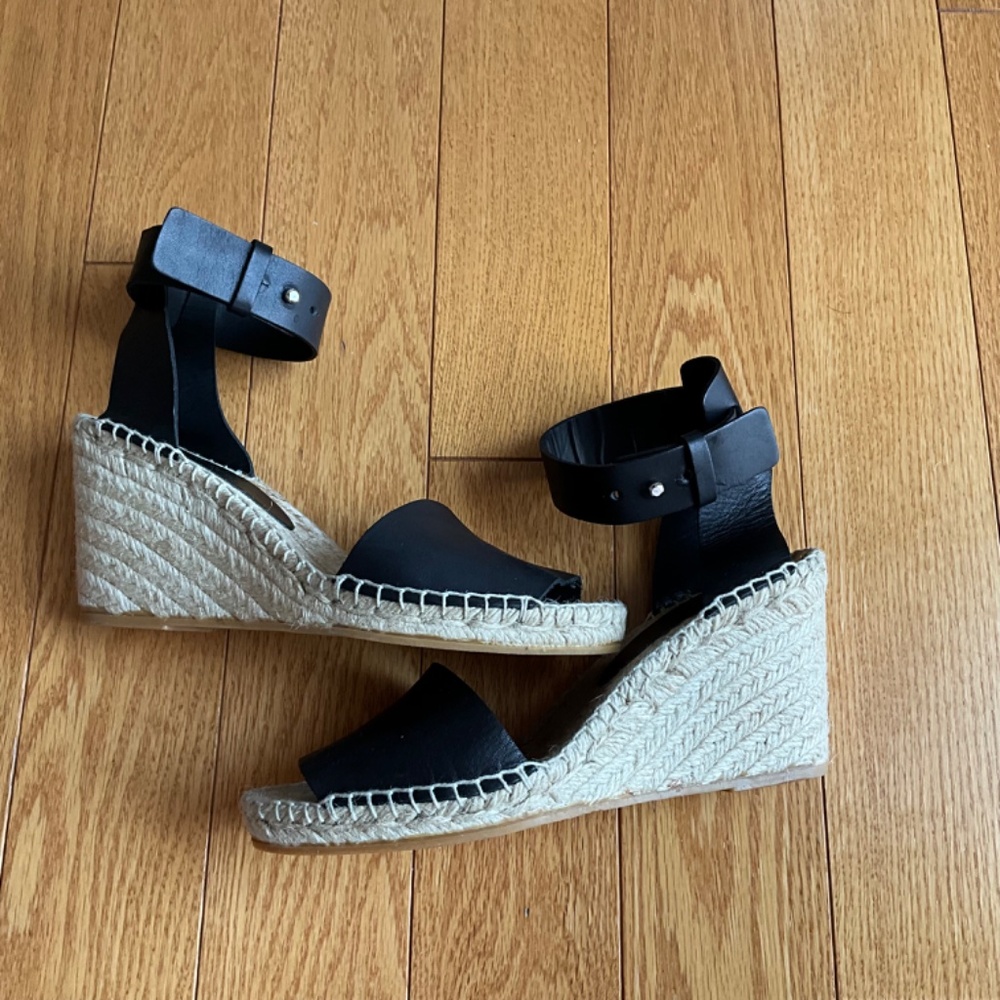 NWOT VINCE Black Leather Wedge Espadrilles Size 8 - Picture 2 of 8